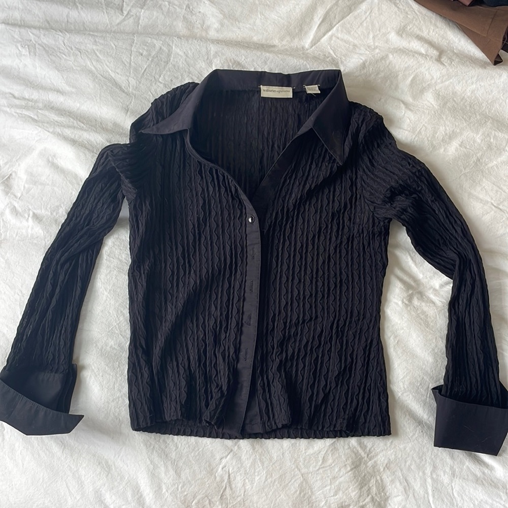 Black Sheer textured button down blouse